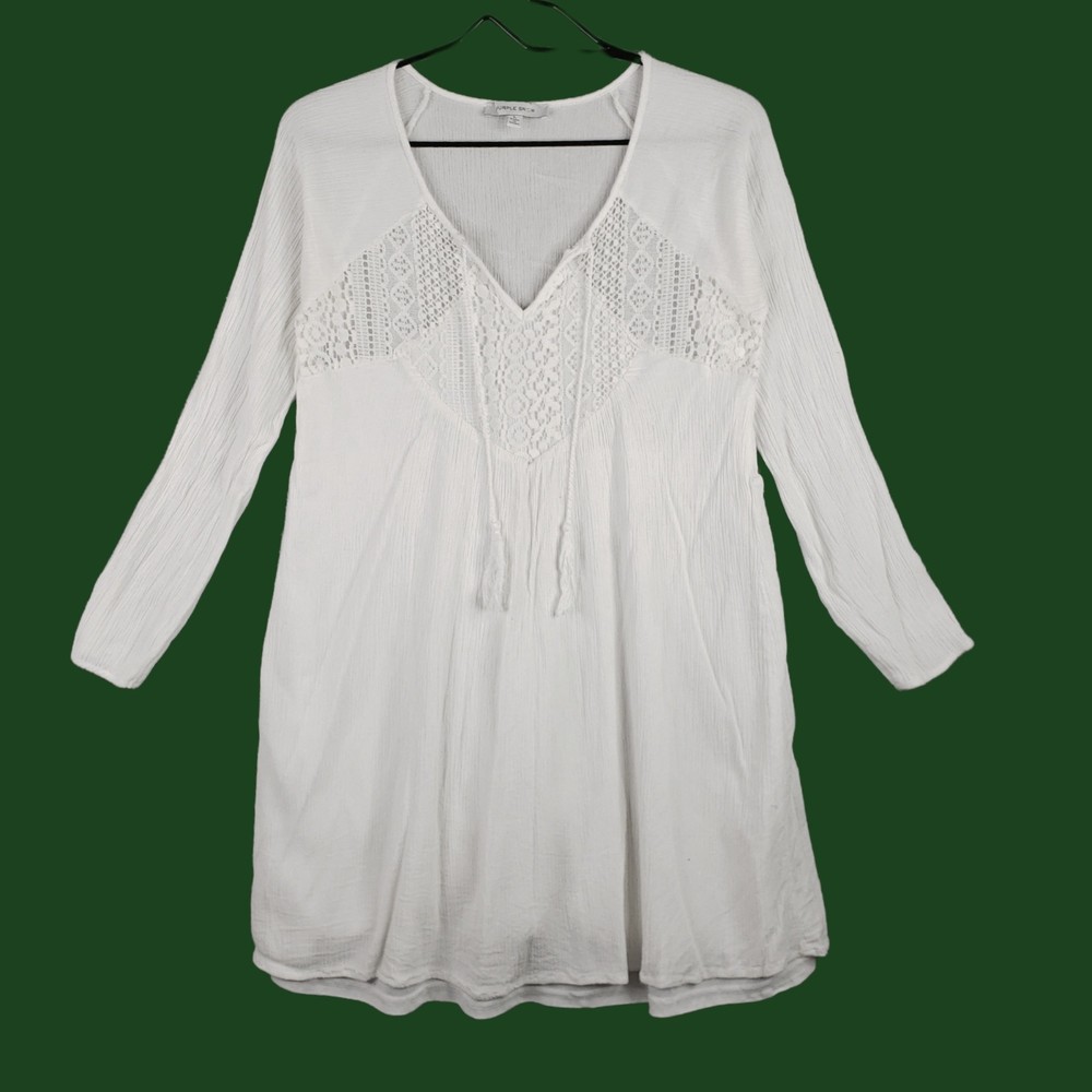 Purple Snow Top Women's L White 100% Rayon Tunic Peasant Blouse